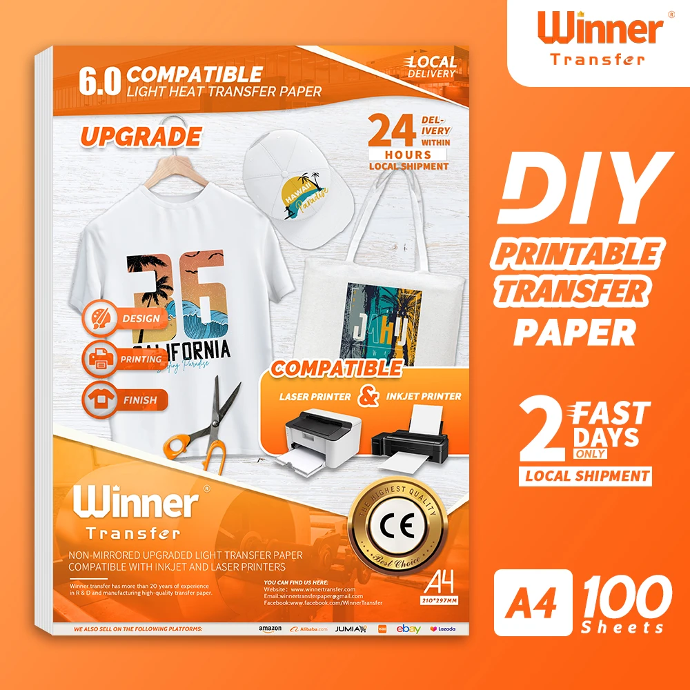 WinnerTransfer  A4 100Sheets Printable  Heat Transfer Paper for T Shirts Inkjet& Laser Transfer Paper for Clothes Cotton Fabrics