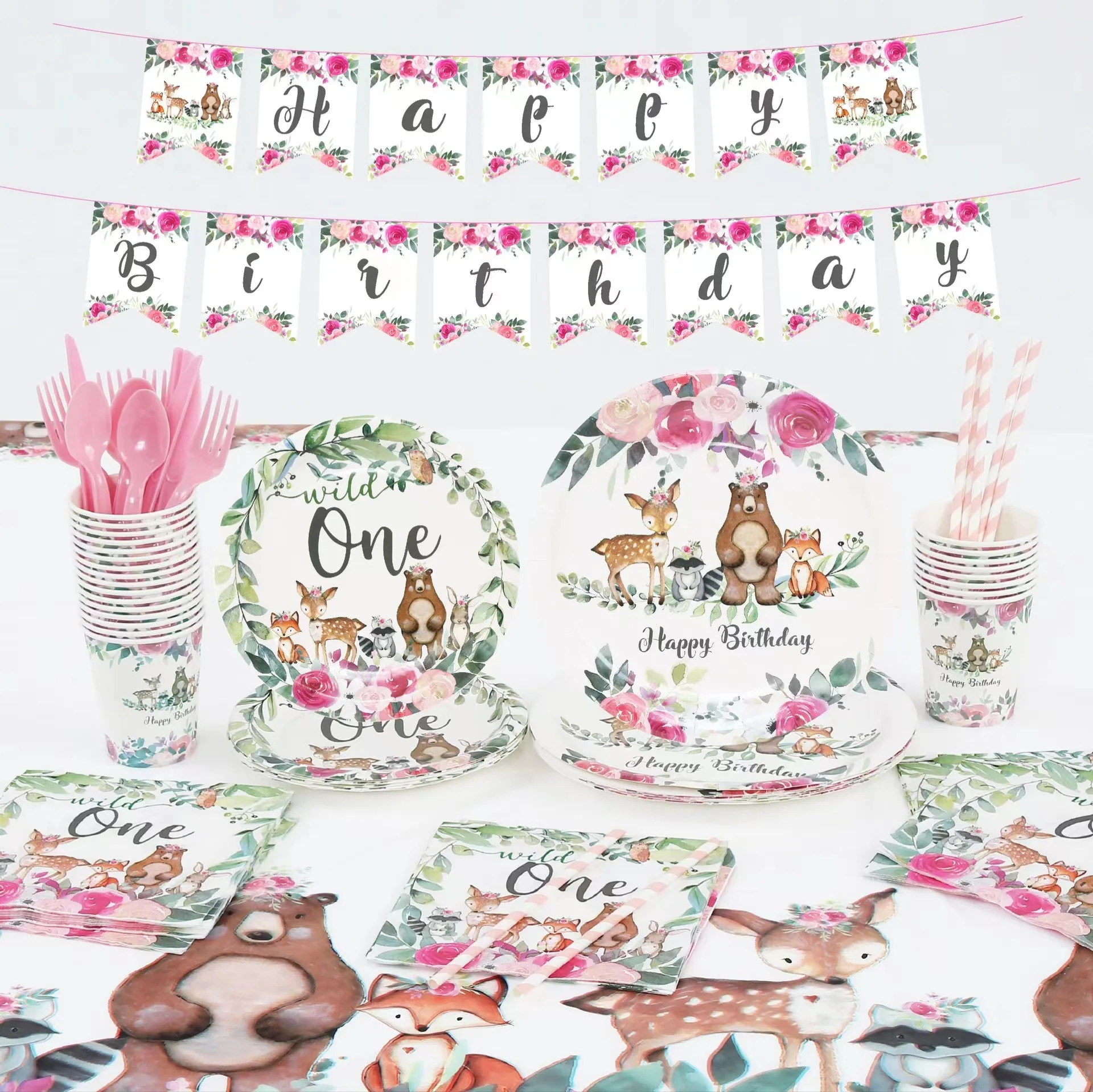 

Wild One jungle Animal Girl's First Birthday Anniversary Party Tableware Set Paper Plate Cup Napkin Straw Gift Bag Supplies