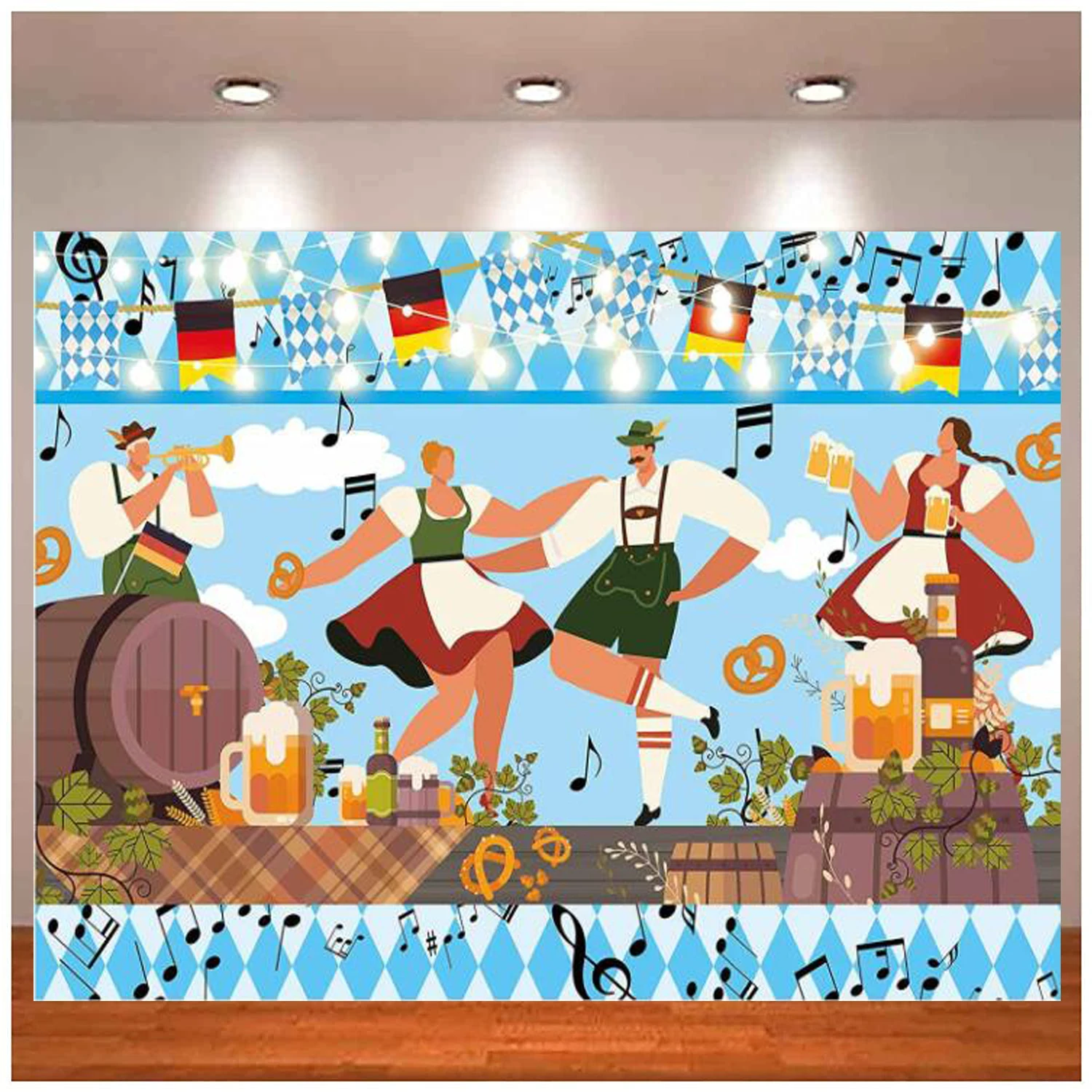 

Oktoberfest Dancing Party Photography Backdrop Cheer Beers Barrel Germany Holiday Celebrate Decoration Birthday Background