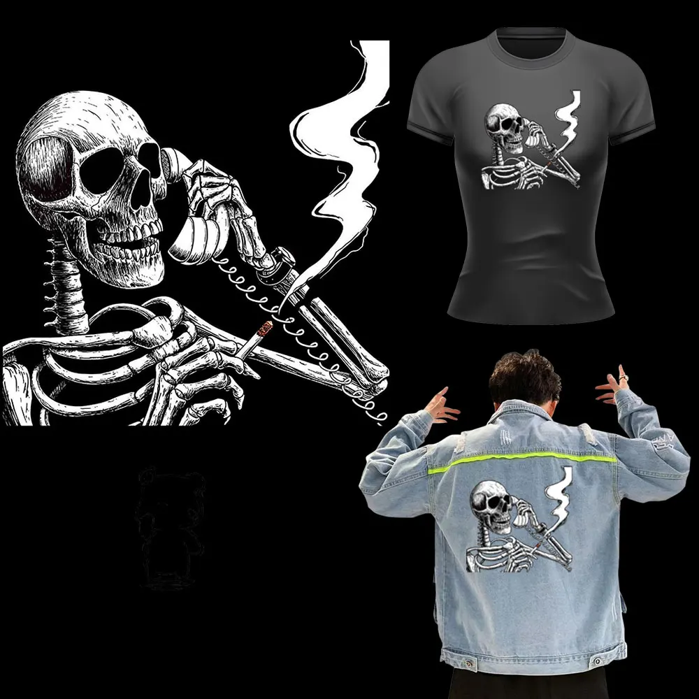 

Cool Telephone Thermo Stickers on Clothes T-Shirt Jacket Patch Diy Black White Skull Heat Transfer Iron on Patches for Clothes