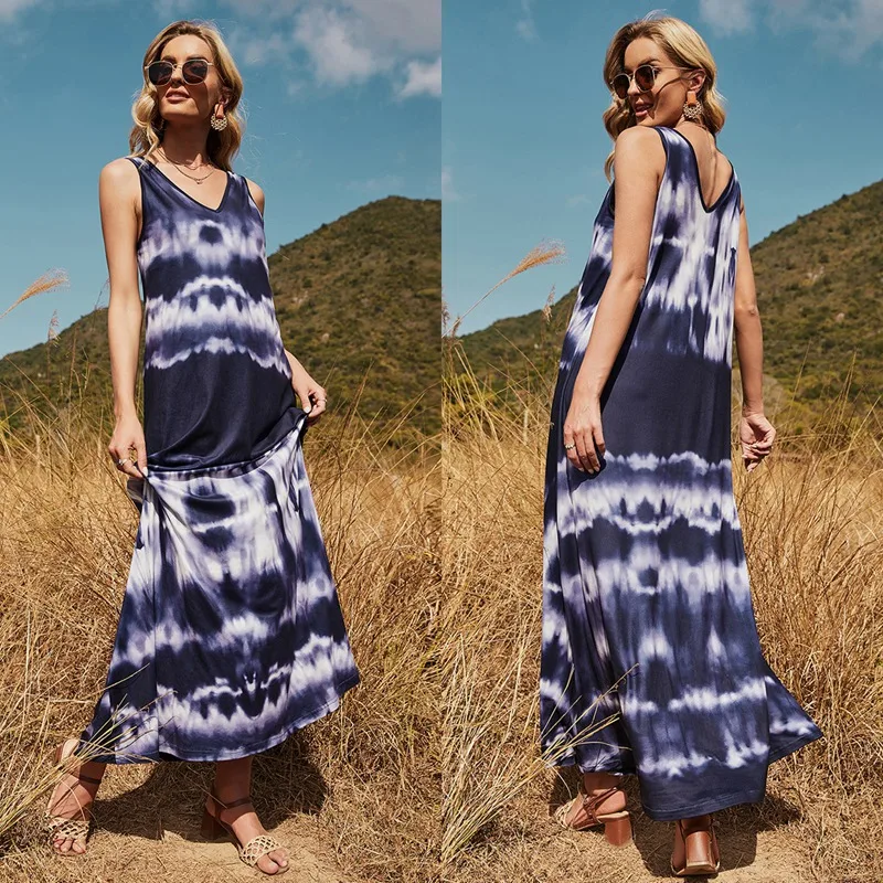 

Women's Sleeveless Fresh And Sweet V-Neck Sapphire Blue Sleeveless Dress Blue