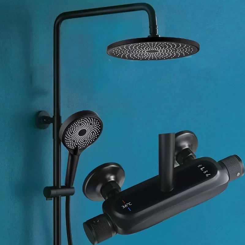 

Luxury Black Thermostatic Shower Faucet Set Rainfall Bathtub Tap High-quality Multifunctional Handled Shower
