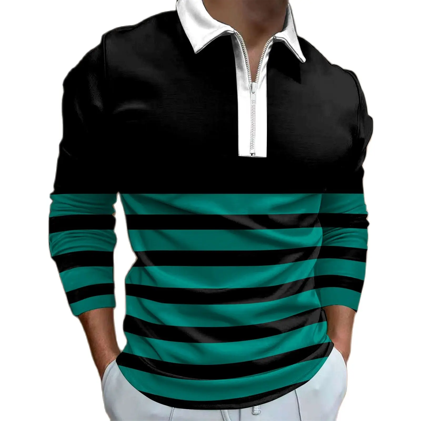 

2022Men Polo Shirts Color MatChing Clothing Fashion Loose Lapel Zipper 3D Digital Printing Long Sleeve Top T Shirt Shirt Top