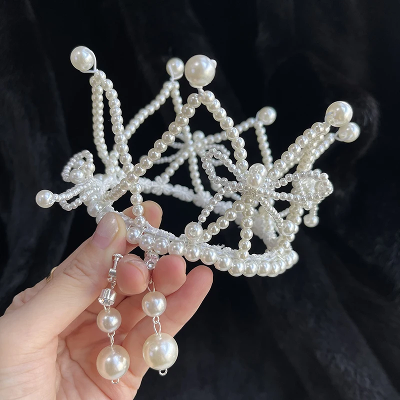 Мини-тиара ручной работы с жемчугом и кристаллами корона свадебная помощь дети