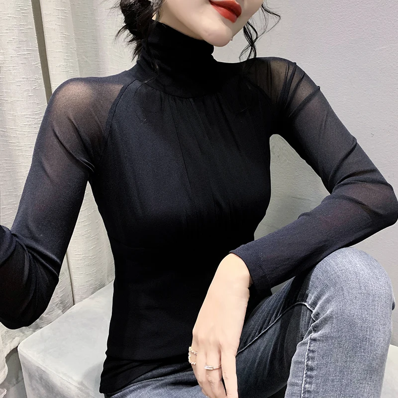 

New Korean Fashion Casual Mesh See-through Splicing Hot Fix Woman Tshirts Women Sexy Tops Female Ladies Slim Clothes Py9336