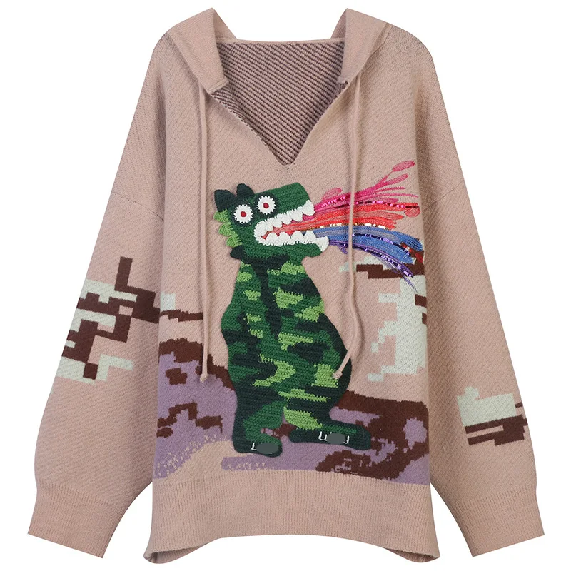 

Женский свитер с капюшоном в Корейском стиле, осенне-зимний вязаный пуловер с вышивкой в виде мультипликационного динозавра