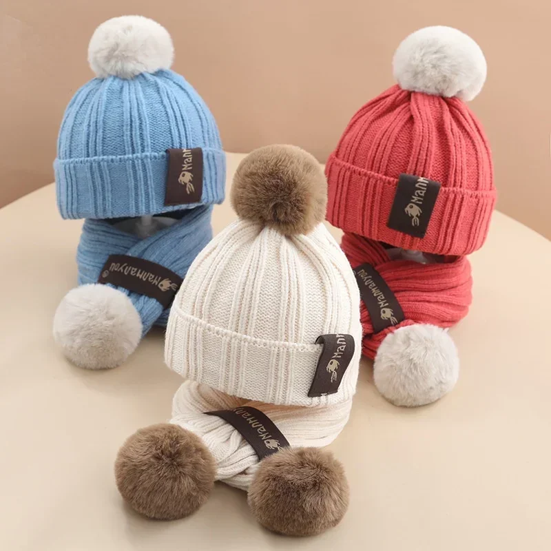 Осенне-зимняя детская шапка комплект с шарфом теплая простая шерстяная вязаная