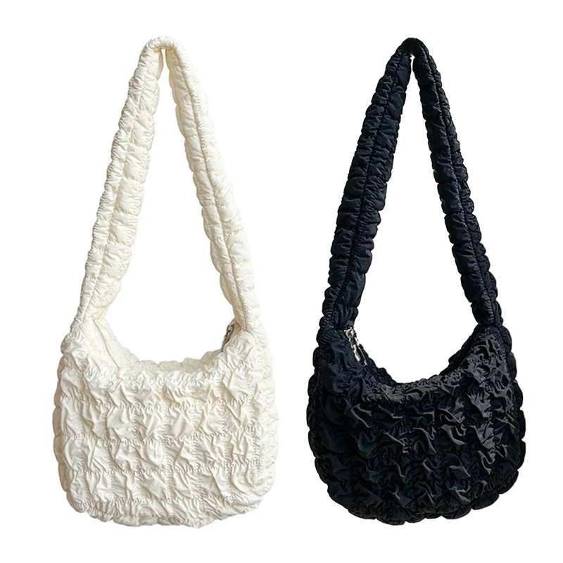 

Women Pleated Lattice Pattern Shoulder Bag Nylon Handbag Large Capacity Crossbody Tote Soft All-match Lady Quilted Shopping Bag