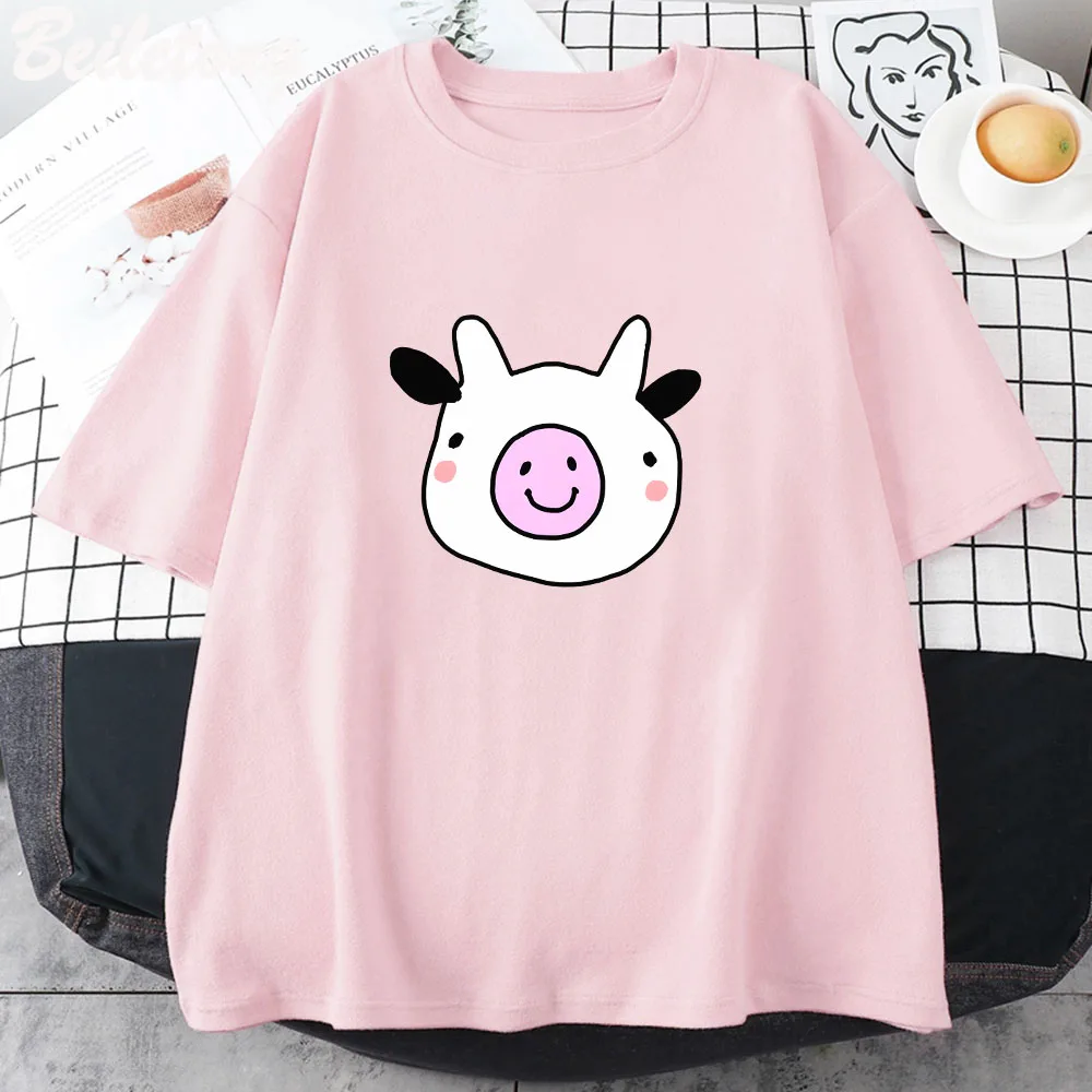 

Friendly Little Cow Tshirt Summer Clothes Funny Casual Clothes Kawaii Woman T Shirt Round Streetwear Short Sleeved Y2k Clothing