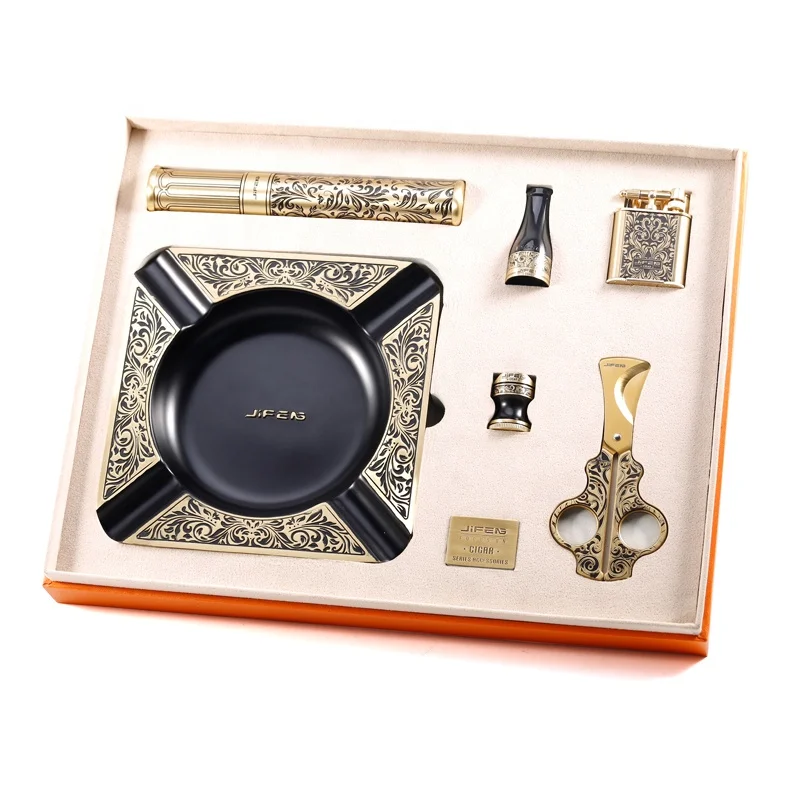 

JIFENG JF-TZ230 luxury embossing tangcao flower metal Cigar scissors lighter ashtray tube holder 6 in 1 Cigar Accessories Set