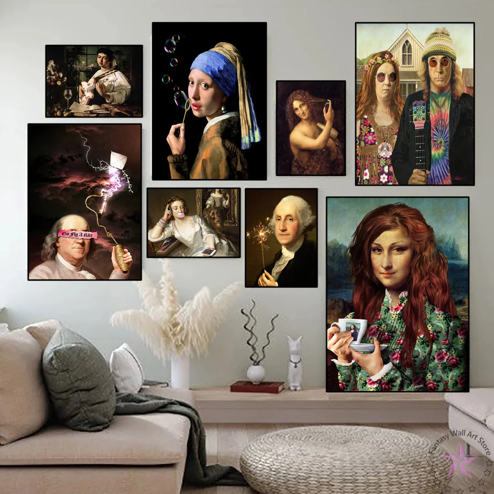 

Retro Canvas Painting Mona Lisa with Pearl Earrings Girl Poster The Art Renaissance Funny Figure Picture Print Nordic Home Decor