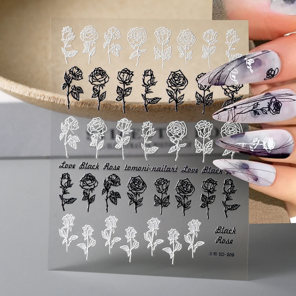 

5D Flowers for Nails,Self-Adhesive Black White Rose Flower Nail Stickers Nail Decal Art Design Manicure DIY Decoration