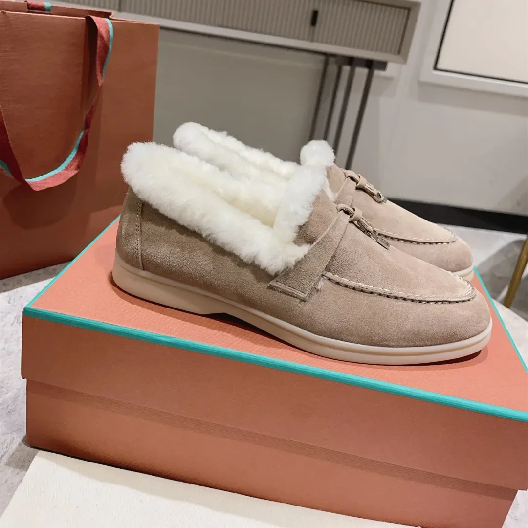 

Shoes For Women Size35-45 Wool Couple Loafers Low Heels Natural Cow Suede Flats Metal Decoration Designer Shoes Zapatillas Mujer