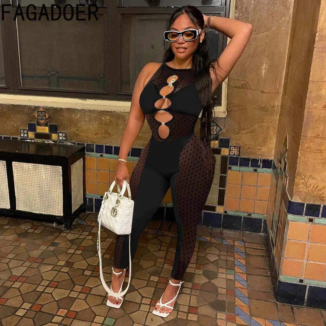 FAGADOER Sexy Mesh Hollow Out Jumpsuit Women Long Sleeve Perspective Patchwork Bodycon Playsuit Female Nightclub Overall Clothes