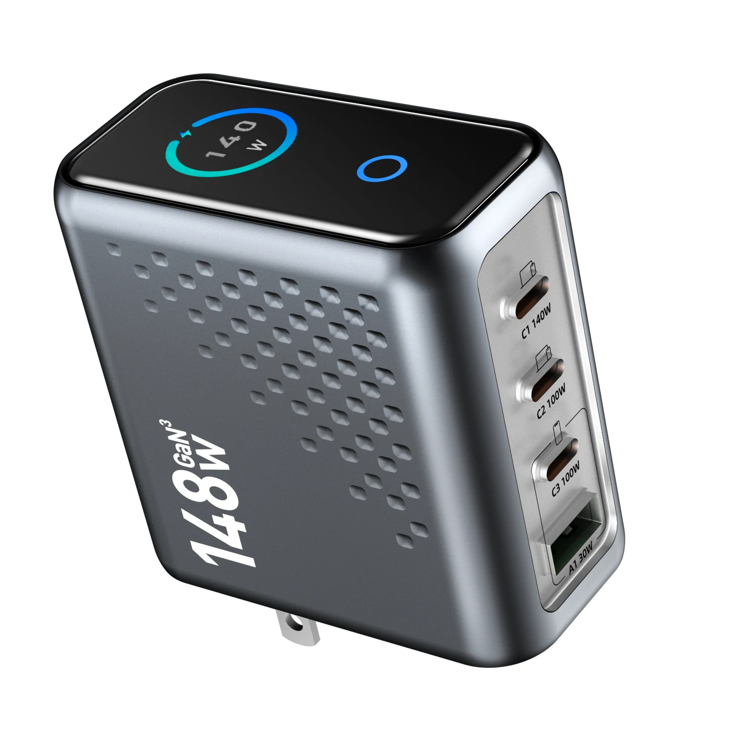 Фото Новый многопортовый адаптер быстрой зарядки GaN 148 Вт с дисплеем, 3 порта USB-C, 1 порт USB-A, для телефонов, планшетов и других устройств, дропшиппинг №1