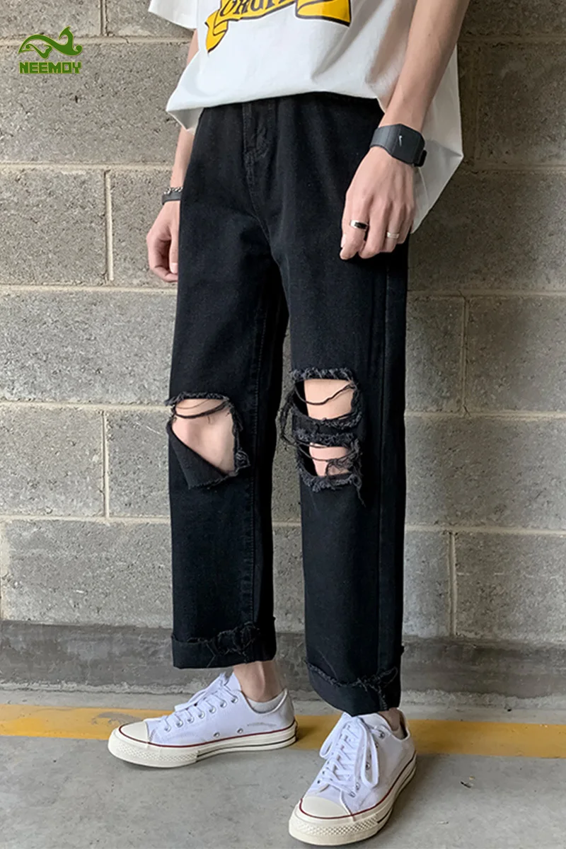 Neemoy 2022 New High Street Jeans Male Ankle-length Tide Brand Hip Hop Casual Pants Summer Straight S-3XL Men's Clothing