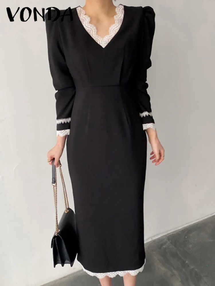 

Fashion Lace Patchwork Office Dress 2023 VONDA Elegant Long Sleeve V neck Midi Party Formal Dresses for Women Vestidos Femininas
