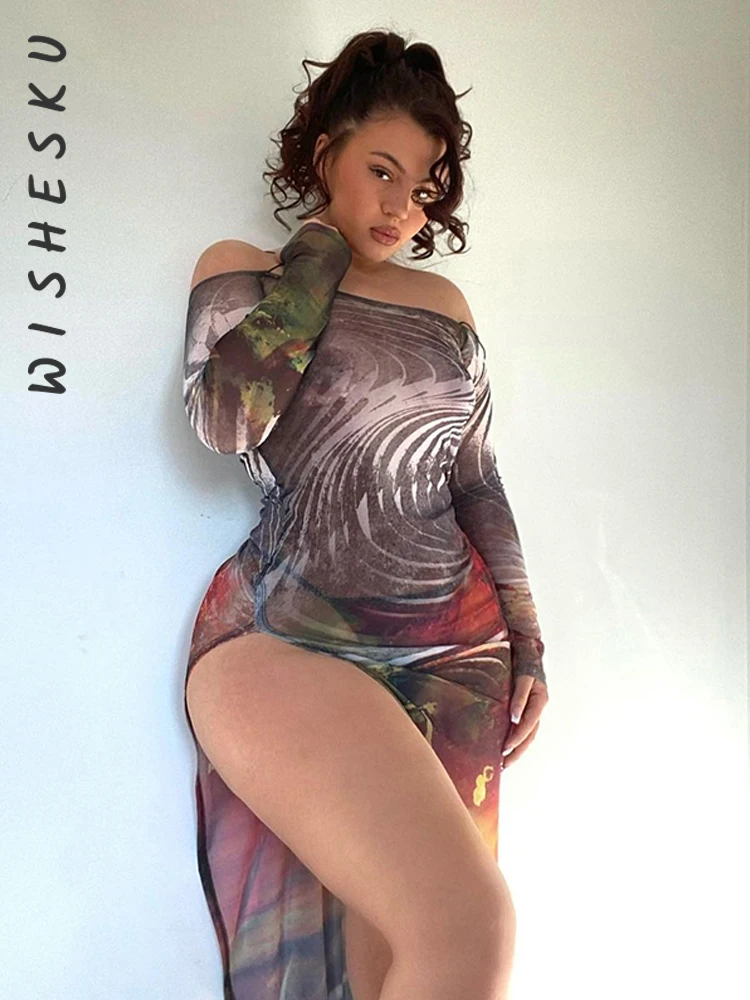 

Sexy Off Shoulder Mesh Print See Through Midi Dress Women Long Sleeve Split Vestidos 2022 Summer Night Club Party Grunge Clothes
