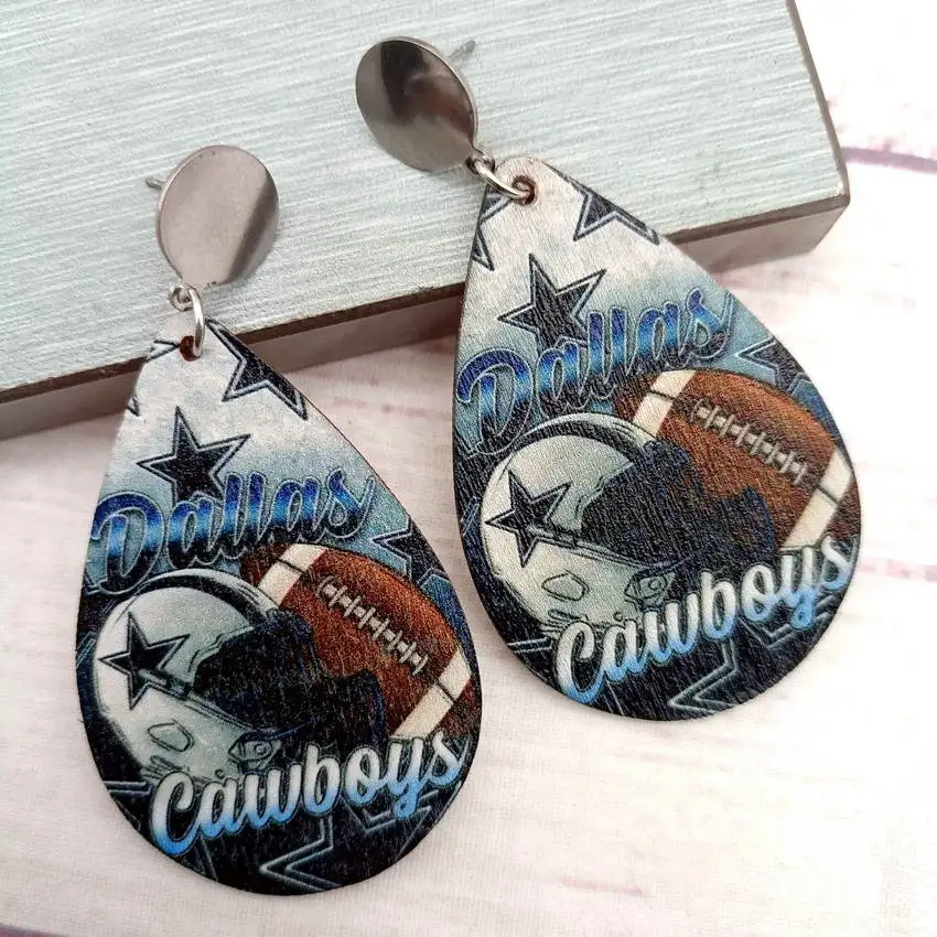 Далласские футбольные серьги для женщин из нержавеющей стали и дерева в форме слезы. Оптовая продажа спортивных украшений "Ковбои".