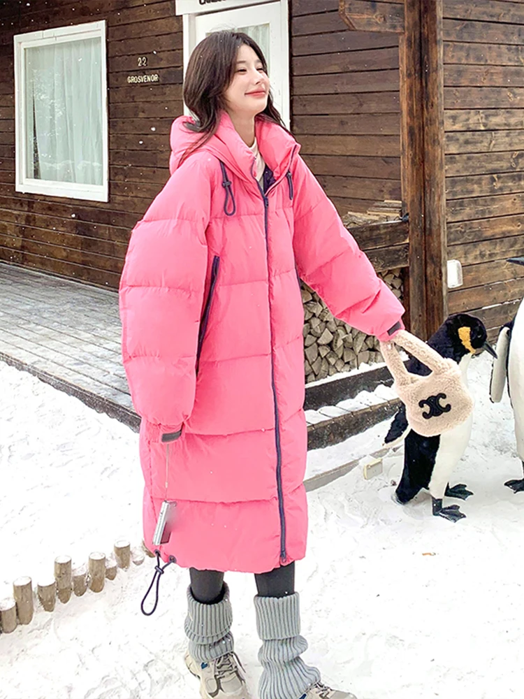 Long Loose Straight Pink Hood Stand Collar Down jacket Women 2024 Winter New Thickened Warm Coat Outerwear