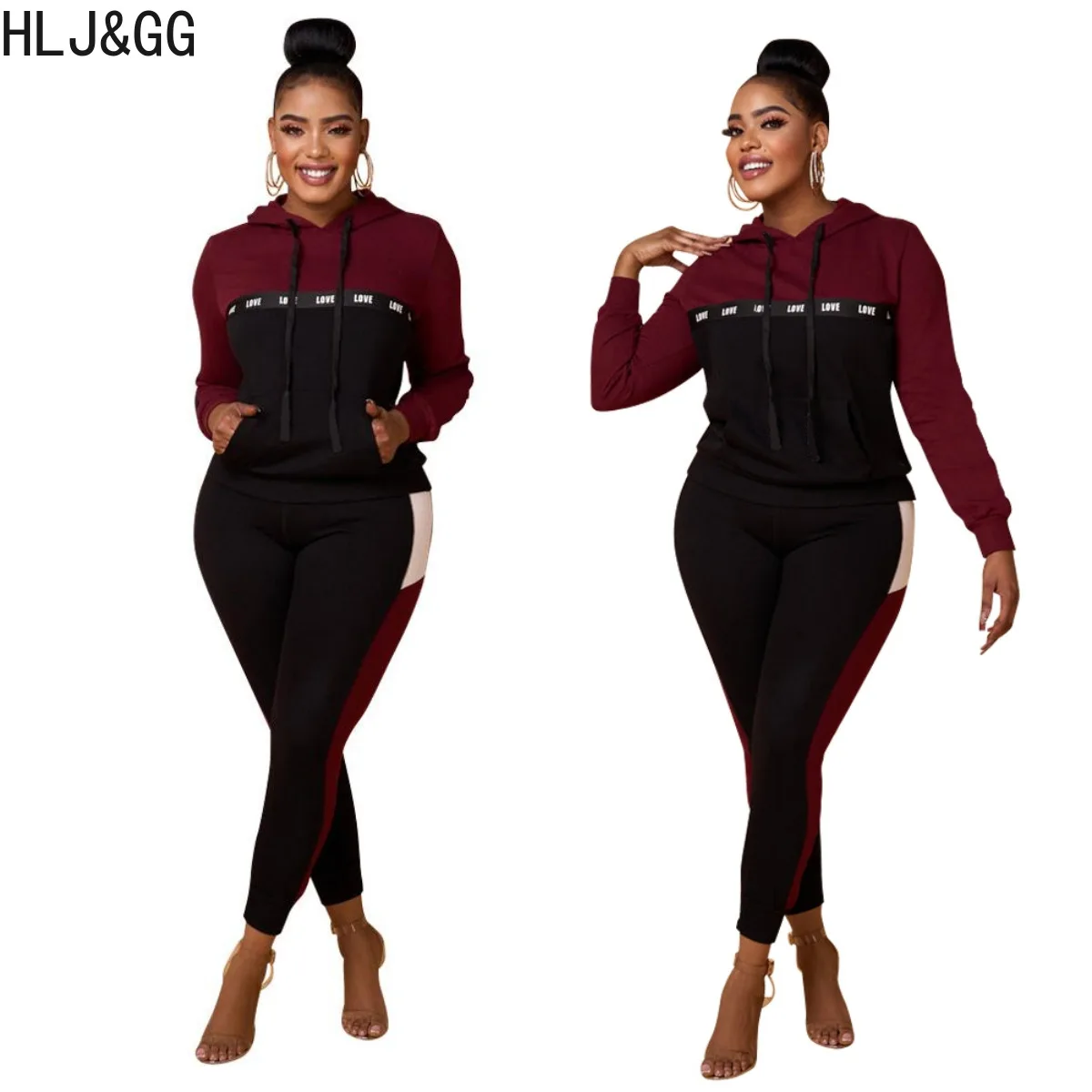 

HLJ&GG Fashion Patchwork Letter Printing Tracksuits Women Hooded Long Sleeve Sweatshirt And Jogger Pants Two Piece Sets Outfits
