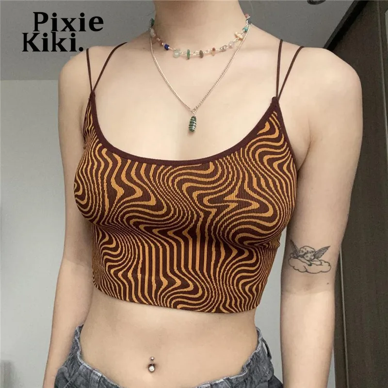 

Летние топы PixieKiki Y2k, индийская эстетика, камисоль с коричневым принтом, женская летняя одежда 2022, короткий топ с открытой спиной