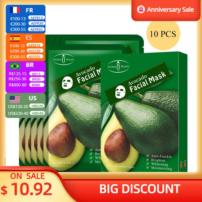 

10 Pieces Fruit Moisturizing Hydrate Avocado Facial Masks Shea Butter Extract Anti-Aging Oil-Control Whitening Face Mask