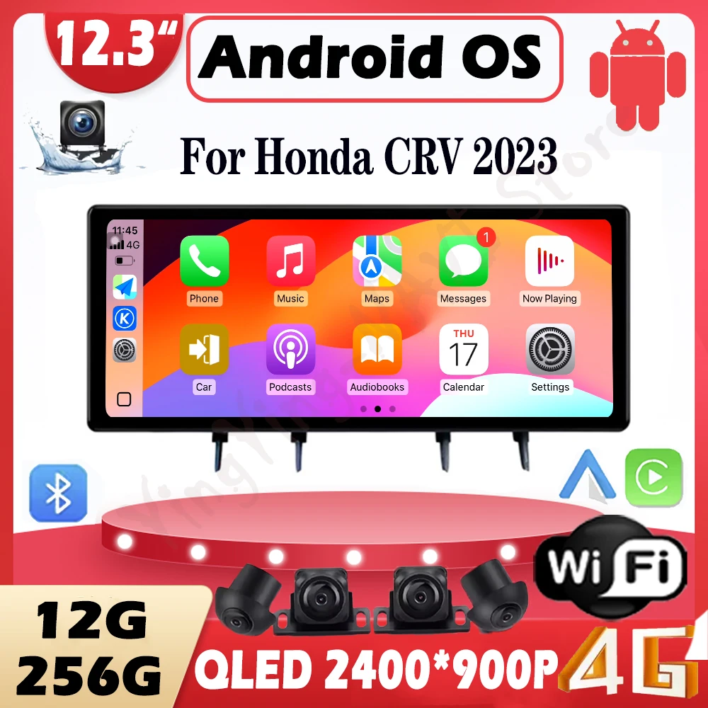 Фото 12,3 lnch Android 15 Auto Carplay для Honda CRV 2023, автомобильный радиоприемник, мультимедийный видеоплеер, Wi-Fi, GPS-навигация, DSP, стерео №1