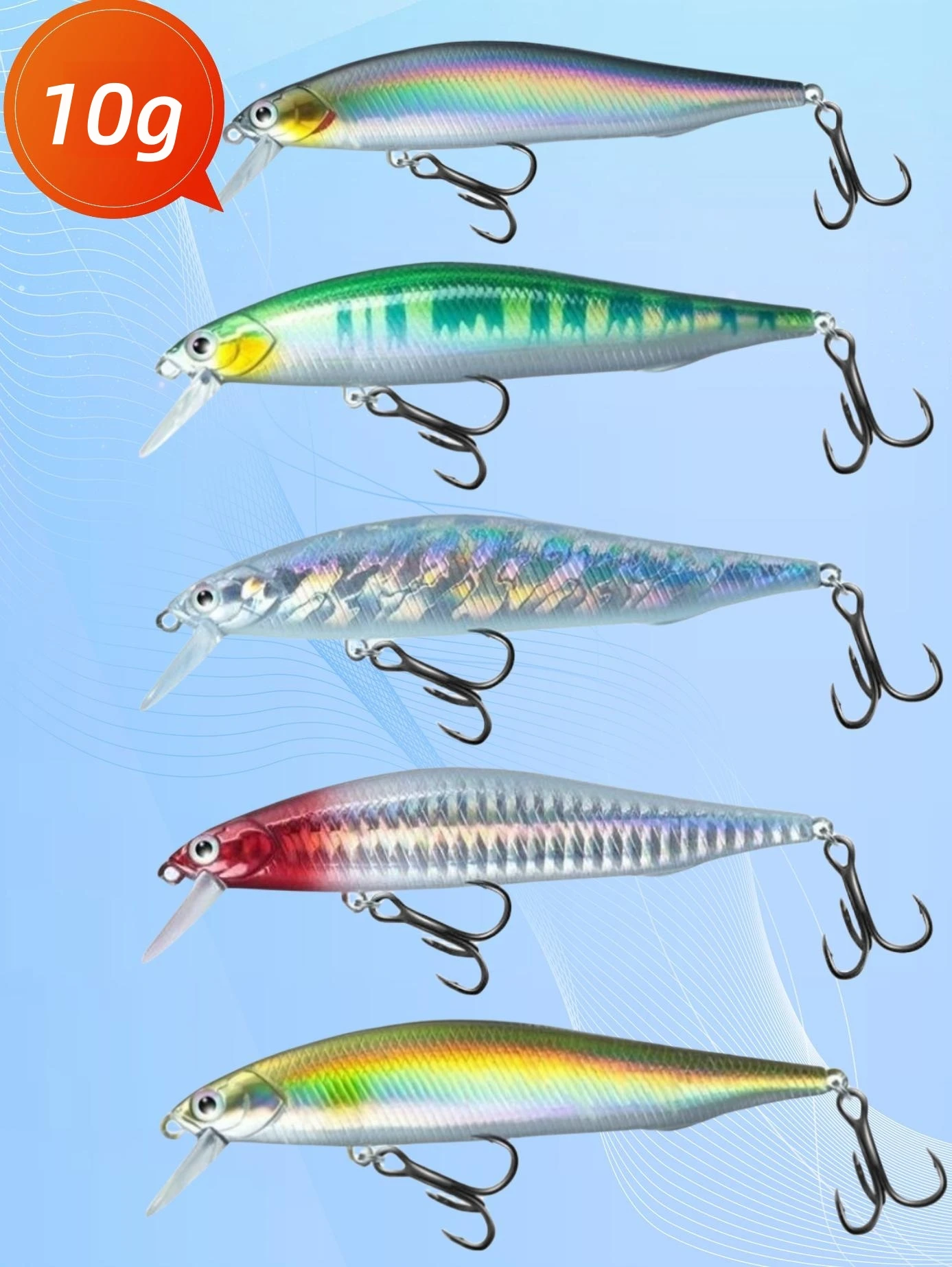 

Heylure 5pcs Minnow 10g/8cm Fishing Hard Lure Long Distance Shot Flying Cast Bait Wobbler for Bass Pike Perch in lake stream