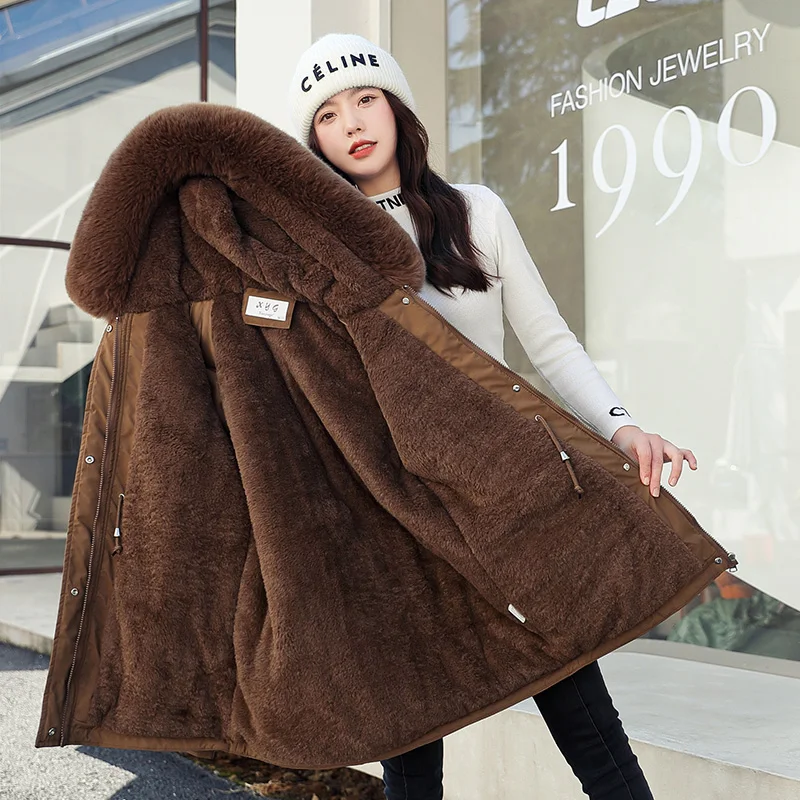 

Winter Jacket Women Parka Fashion Long Coat Wool Liner Hooded Parkas Slim With Fur Collar Warm Snow Wear Padded Clothes