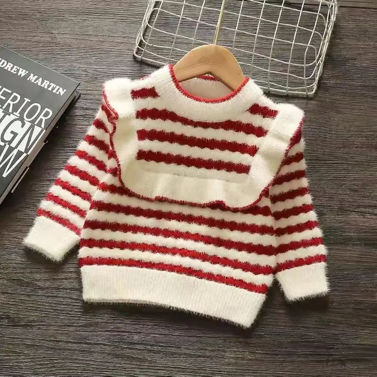 

Girl's Sweaters 2023 Autumn Winter New Knitted Tops Thicken Keep Warm Fashion Vintage Striped Long Sleeves Children Clothes
