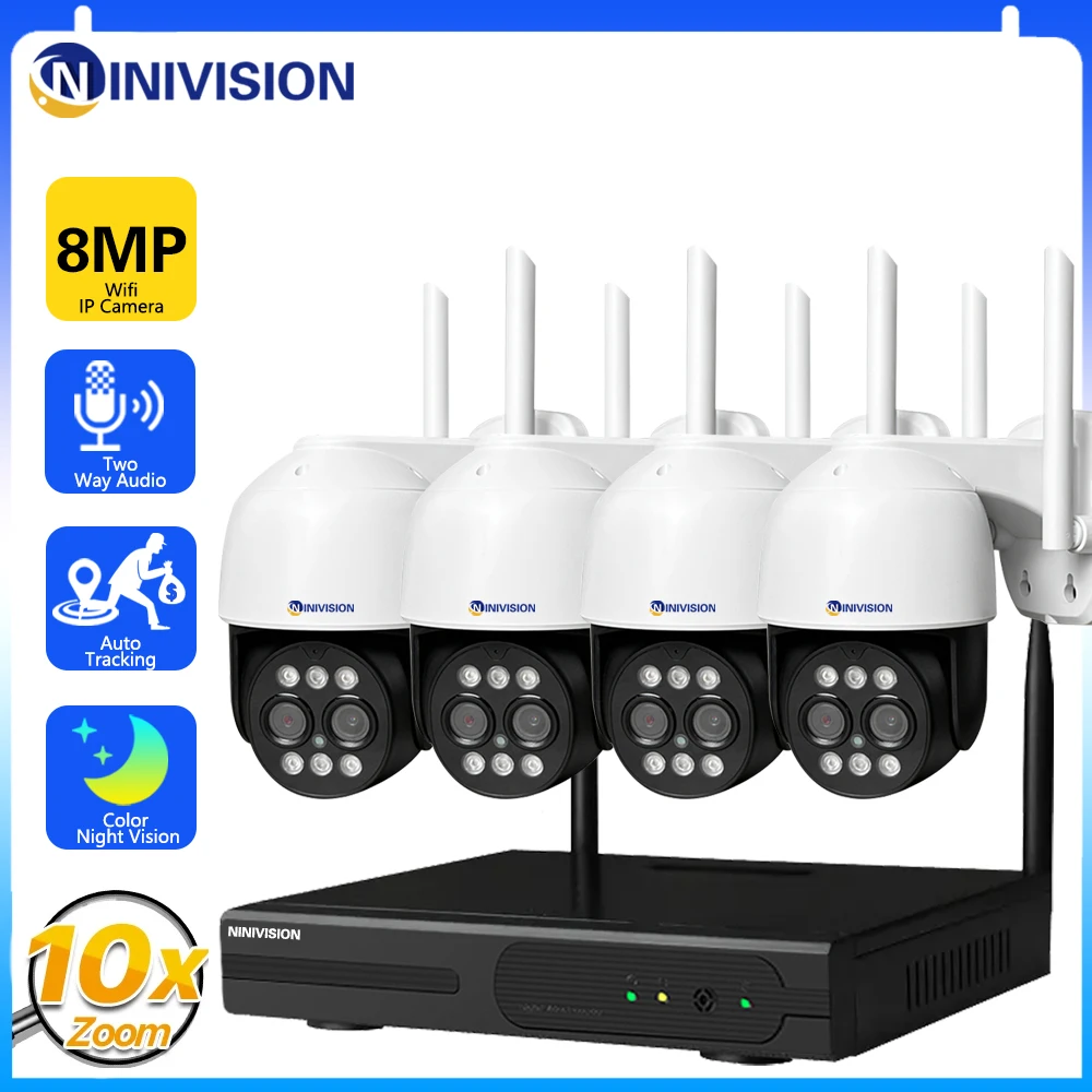 

4K 8CH 8MP WiFi PTZ Camera System H.265 10X Digital Zoom Security Set Two-way Audio Humanoid Auto Tracking Color Night Vision