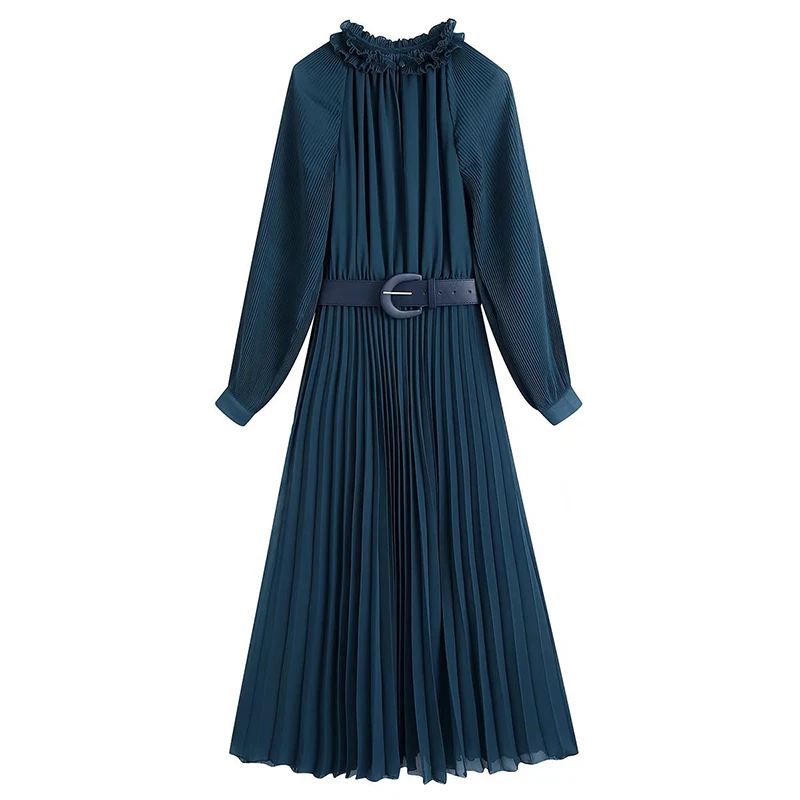 

Женское винтажное плиссированное платье миди, однотонное Повседневное платье с поясом и длинным рукавом, элегантные вечерние платья для да...