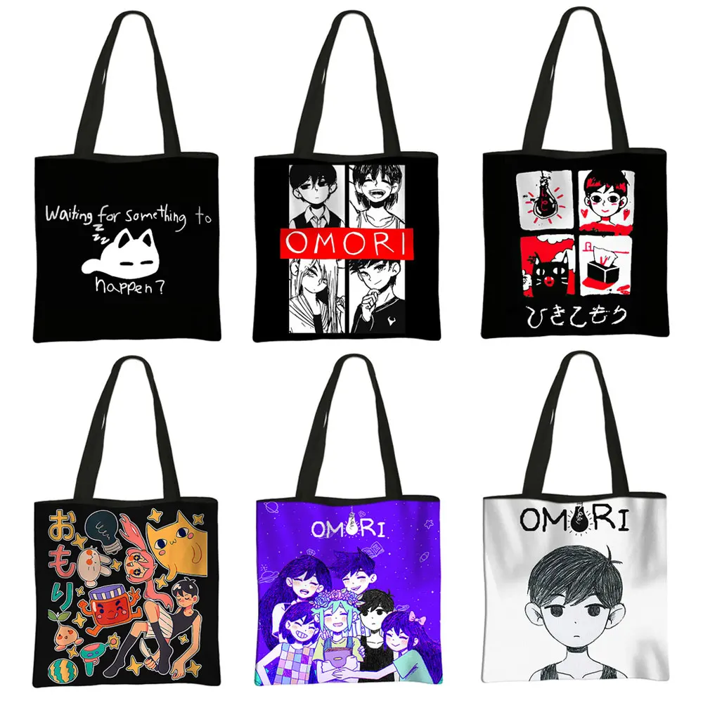 

Cute Omori Print Shopping Bag Canvas Casual Totes Large Capacity Grocery Shoulder Bags Eco Reusable Shopper Bag