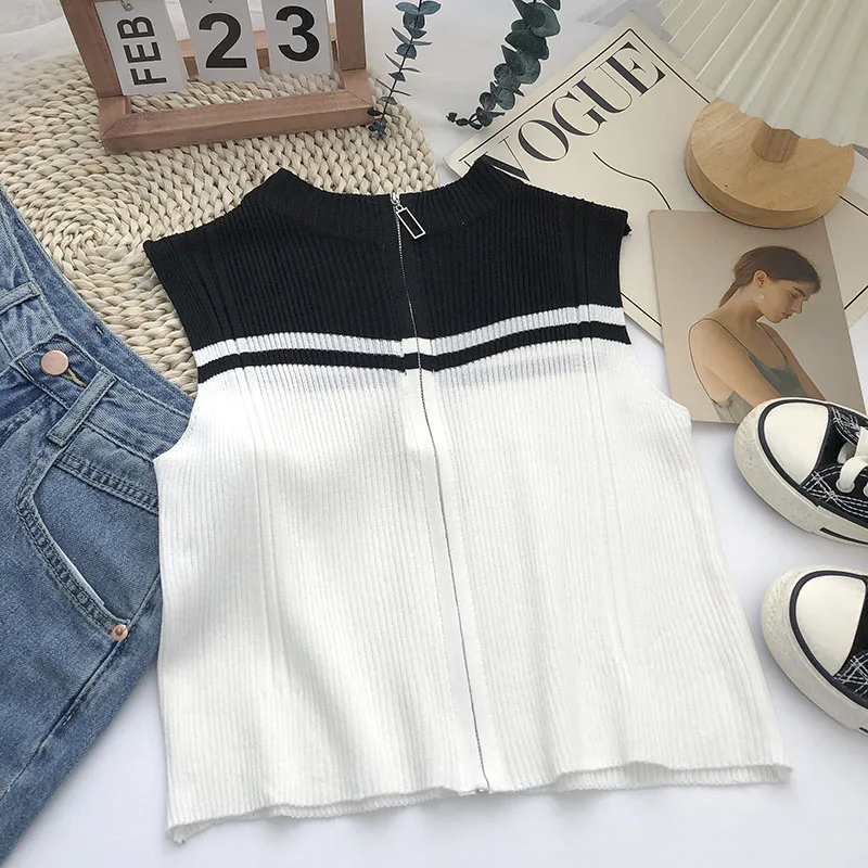 

Black&white Camisole Fashion Knitted Crop Top Stand Collar Vest Basic Zipper Cami Sleeveless Tanks Women Clothes Dropshipping