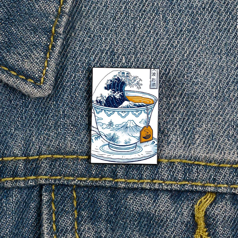 

Fashion The Great Kanagawa Tea Custom Funny vintage Brooches Shirt Lapel teacher Bag Cute Badge Cartoon pins for Lover Girl