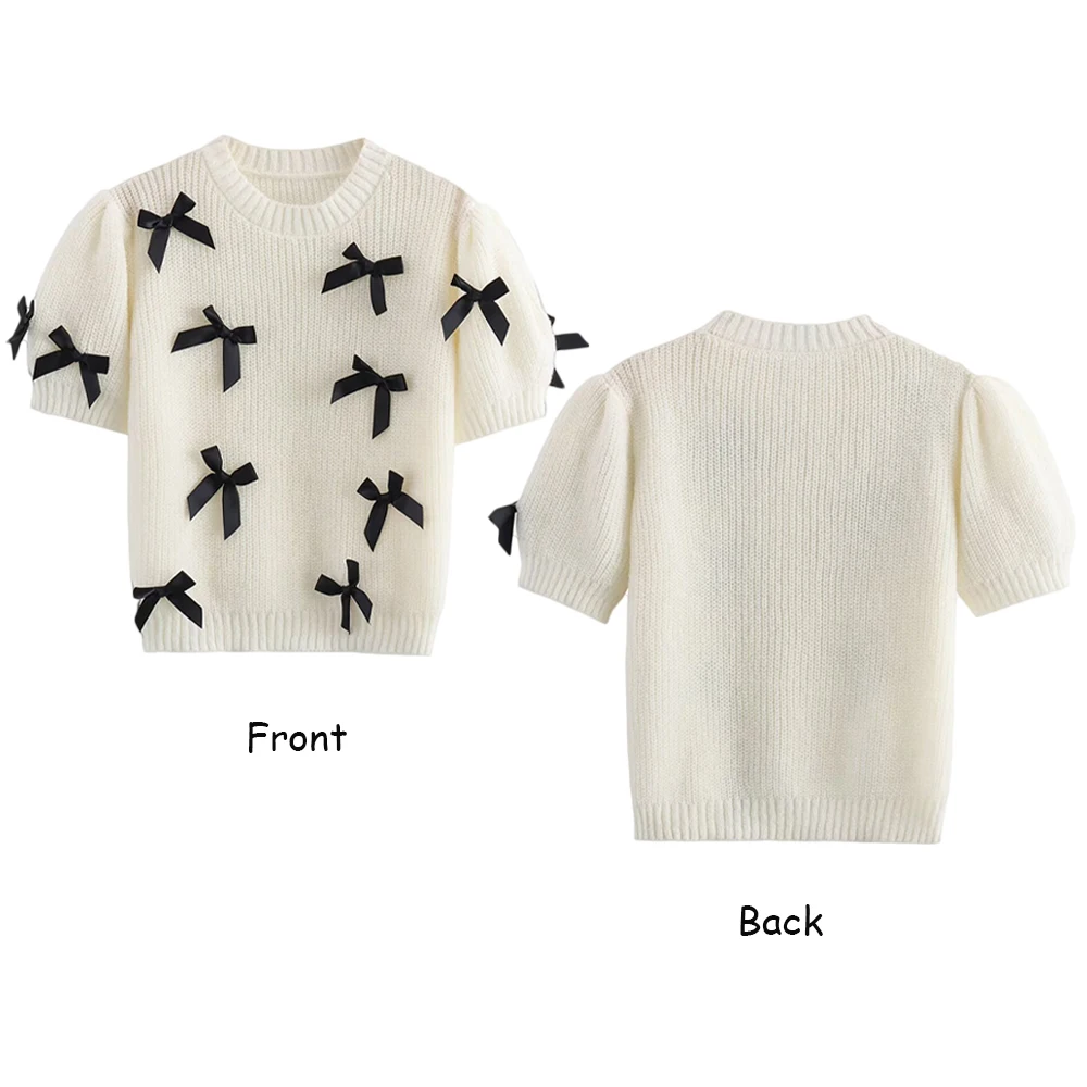 Женский винтажный свитер с коротким рукавом круглым вырезом и бантом