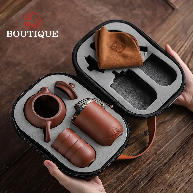

Purple Sand Tea Cups Ceramic Portable Teapot Set Outdoor Travel Gaiwan Tea Cups of Tea Ceremony Teacup Fine Gift Kung Fu Tea Set