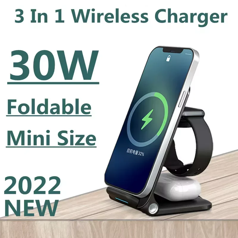 

30W Qi Fast Wireless Charger Stand 11 12 X 8 Watch 3 in 1 Foldable Charging Dock Station for airpods Pro