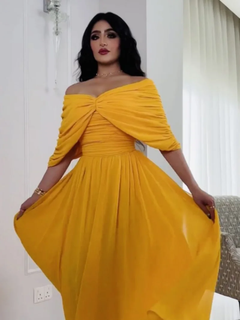 Morocco Party Dress Women Elegant Solid Color Yellow Long Vestidos Sexy V Neck Prom Chiffon Dresses India Longue Vestidos Largos