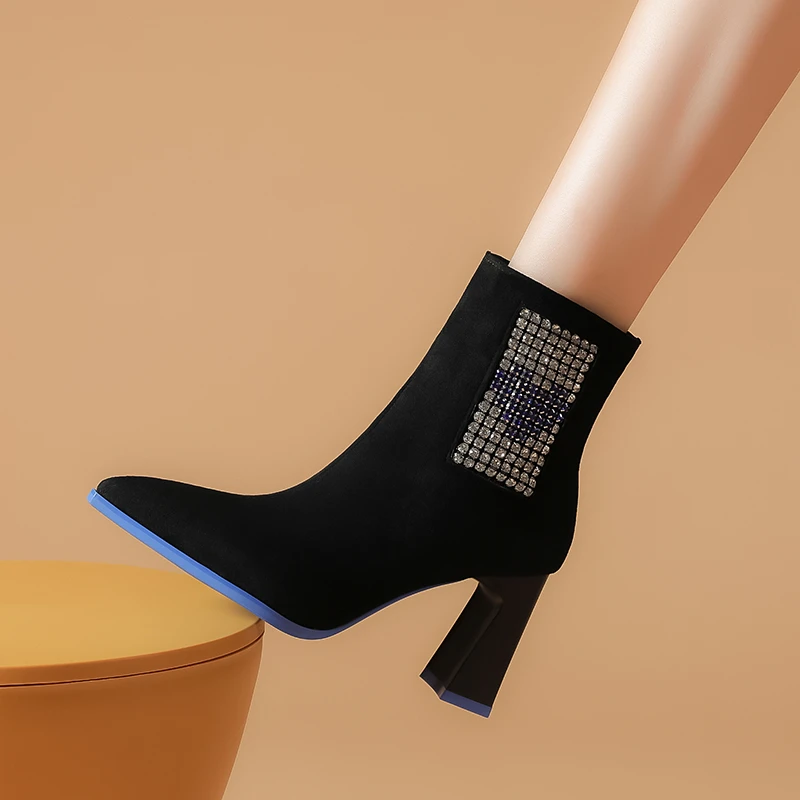 

Autumn Winter Women s Lapel Rhinestone Sexy Ankle Boots Zapato De Tacon Pointed Toe Women's Boots Zipper Women s Crystal Boots