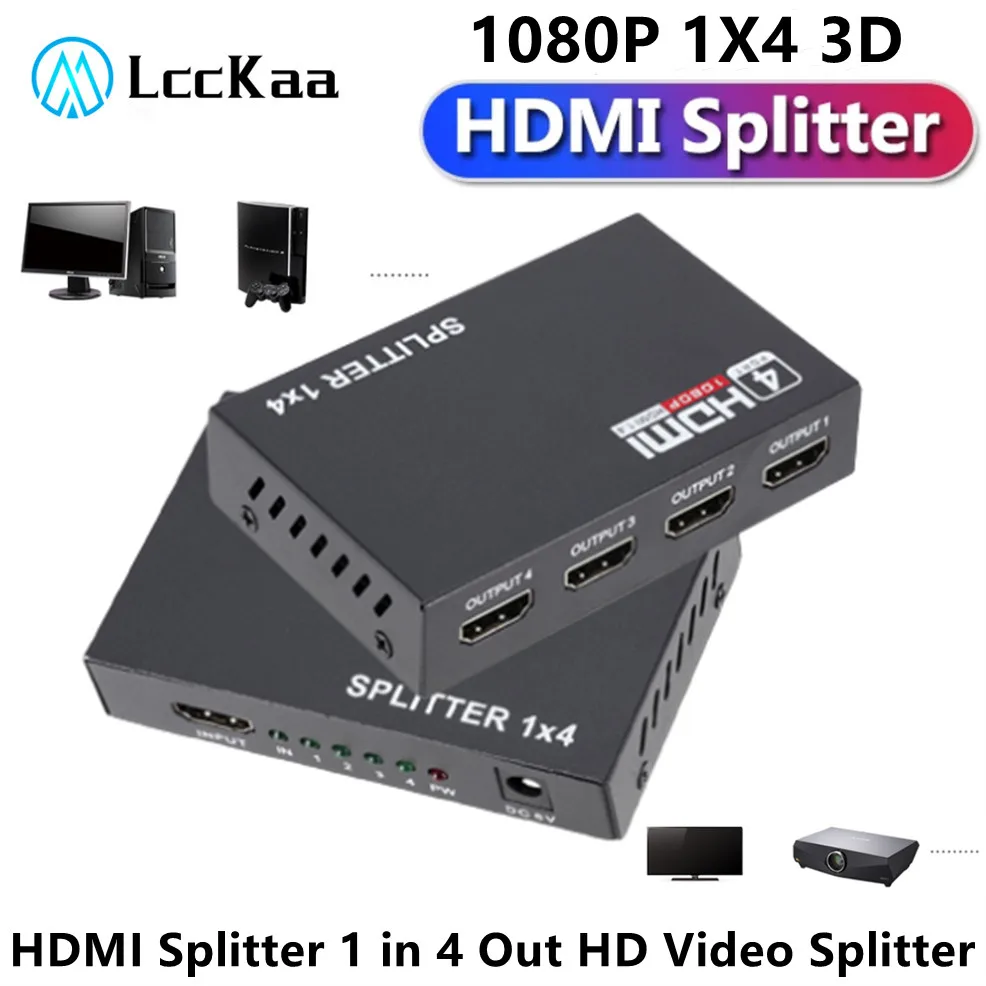 

LccKaa 1 in 4 out 1080P HDMI-compatible Splitter Adapter 1x4 HDMI Splitter HD 1.4 Splitter Amplifier HDCP for HDTV DVD PS4 Xbox