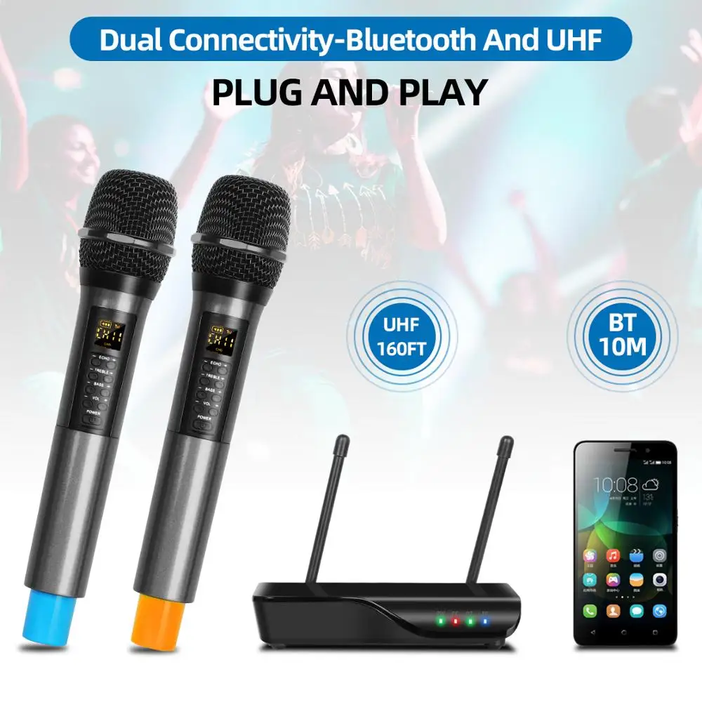 Беспроводной микрофон Depusheng DX6 UHF, двухканальная система, два ручных  микрофона с эхо, высокие басы, Bluetooth для всей семьи, для улицы |  AliExpress