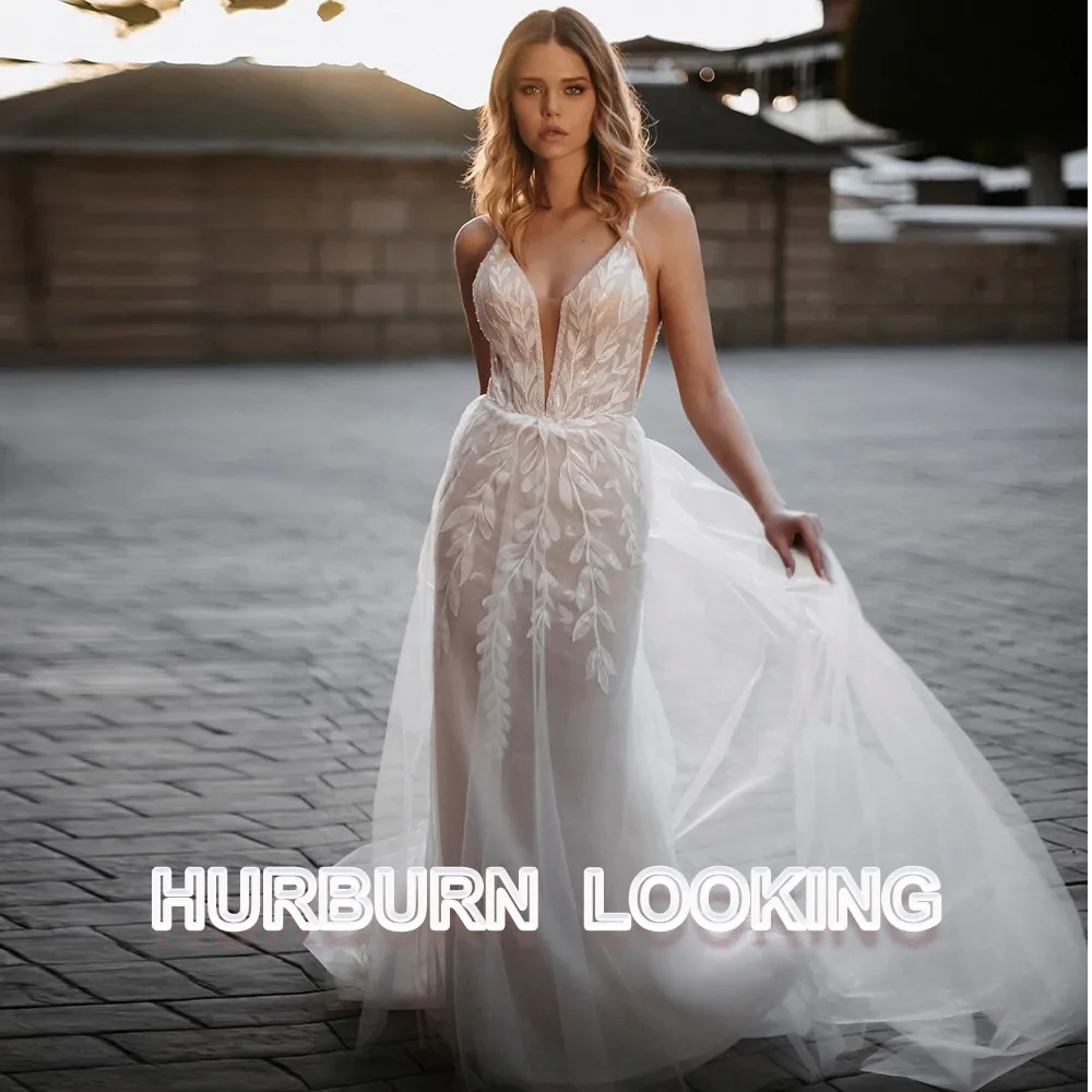

HERBURN Sexy Wedding Gown For Bride Deep V-Neck Spaghetti Straps Backless Customised Dropping Shipping Robe De Soiree De Mariage