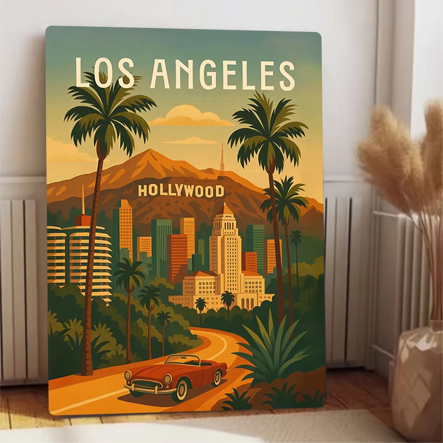 Фото Постер с путешествиями в Лос-Анджелесе – Hollywood Hills & Sunset Skies, жестяные знаки, автомобильный постер, винтажное украшение интерьера, декор для комнаты №4