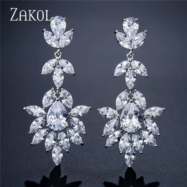 

ZAKOL Fashion Cubic Zirconia Leaf Drop Earrings for Women Vintage Sliver Color Chandelier Bridal Wedding Party Jewelry EP2205