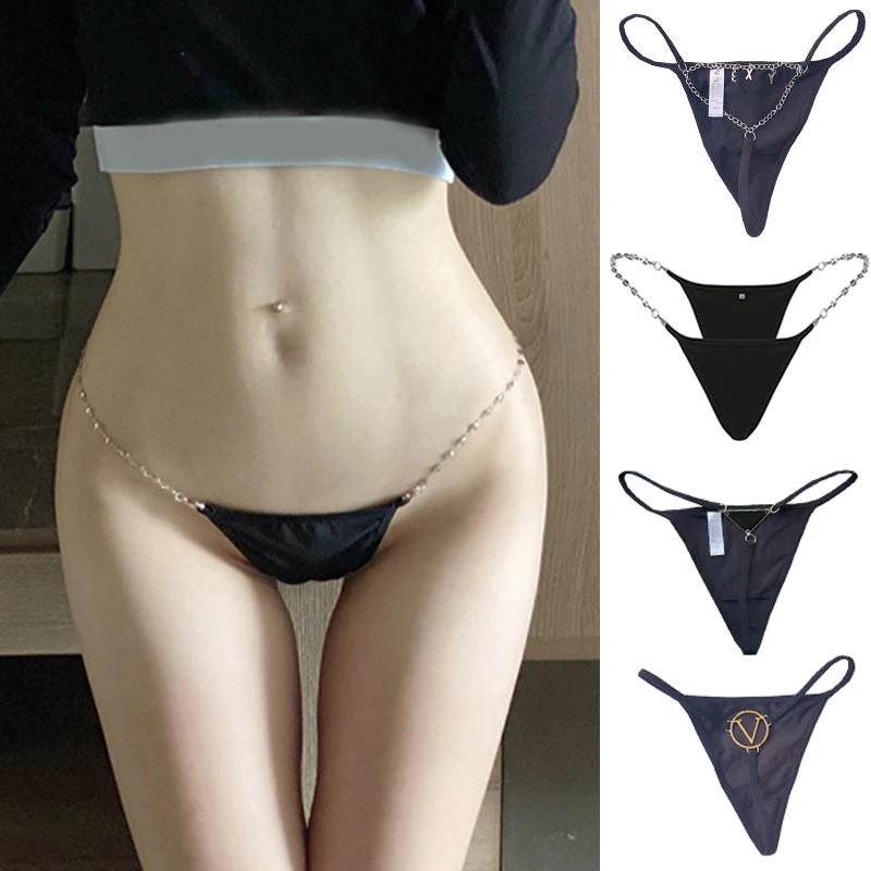 

Стринги женские с металлической цепочкой, пикантное прозрачное кружевное нижнее белье, эротические тонкие хлопковые трусики с надписью, ст...