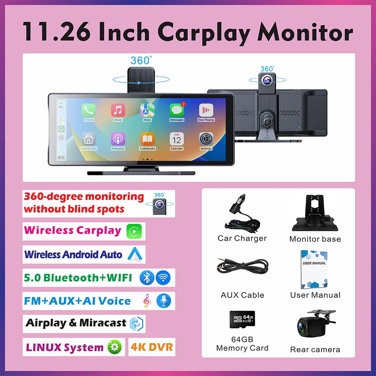 

Pionray 9/11,26-дюймовый экран CarPlay, мультимедийный видеоплеер, радио FM, совместимый с автомобильным воспроизведением Android Auto и Apple Carplay/GPS