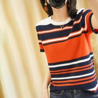 2021 summer women casual pullover knitted sweater new pure cotton t shirts short sleeve oversized round neck tees striped tops