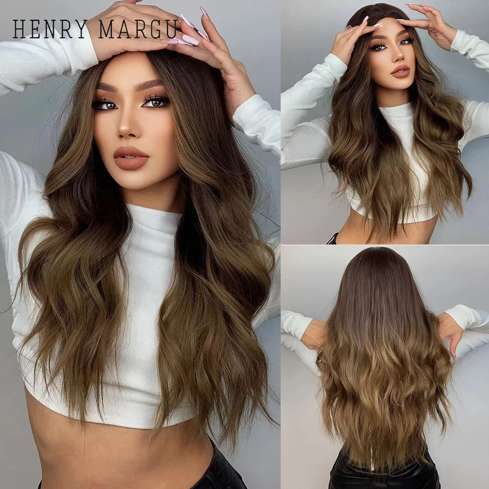 

HENRY MARGU Long Wavy Brown Ombre Synthetic Wigs for Black Women Natural Water Wave Wigs Middle Part Heat Resistant Cosplay Wigs